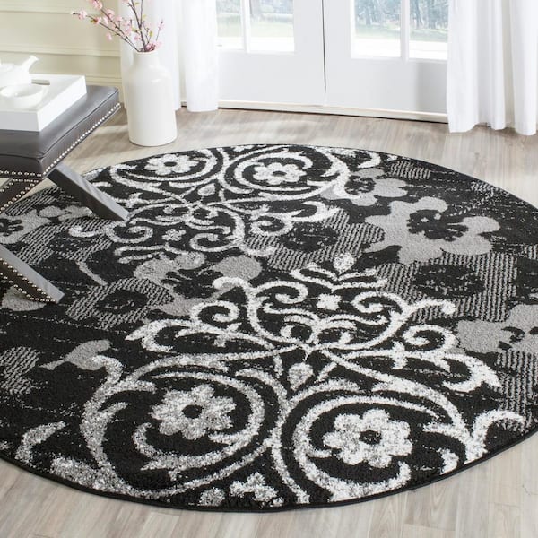 Adirondack Black/Silver 11 ft. x 11 ft. Floral Damask Round Area Rug