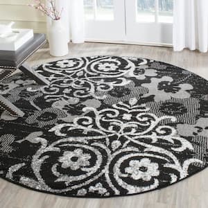 Adirondack Black/Silver 6 ft. x 6 ft. Round Floral Area Rug