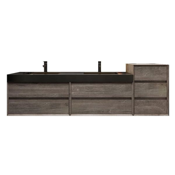 MIA 79 in. W x 20 in. D x 30 in. H Double Sink & Side Cabinet Bath Vanity in Gray Oak with Black Stainless Steel Top