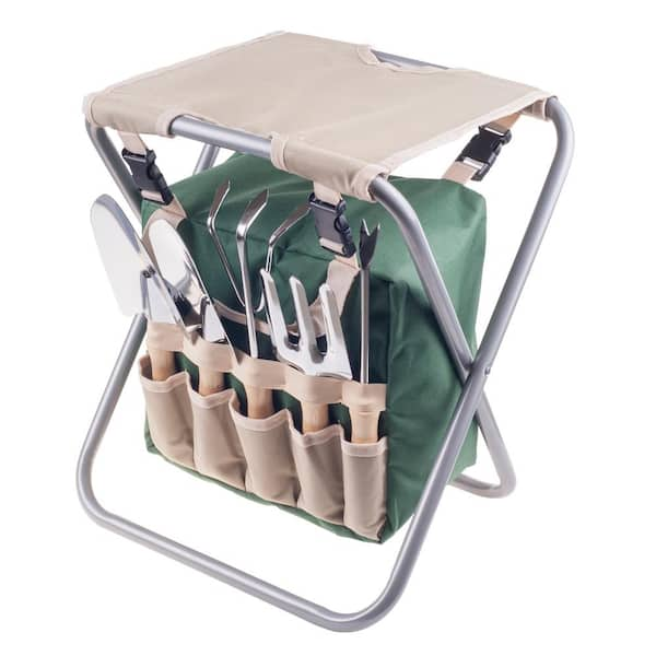 Pure Garden Folding Garden Stool with Tool Bag Plus 5 Garden Tools