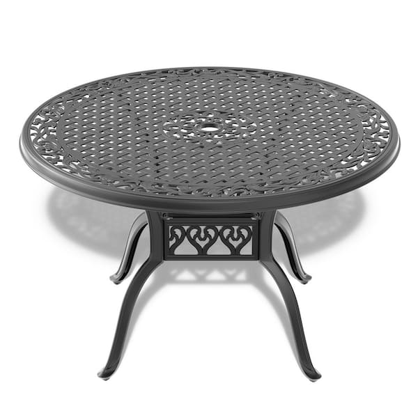 ToolCat 47.24 in. Black Cast Aluminum Patio Outdoor Dining Table with Umbrella Hole