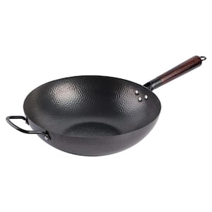 Stargaze 13 in. Carbon Steel Nonstick Hammered Wok with Wood Handle in Black