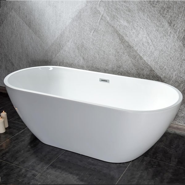 Magic Home 55 in. cUPC Certified Acrylic Freestanding Soaking Bathtub with Brushed Nickel Overflow and Drain, White