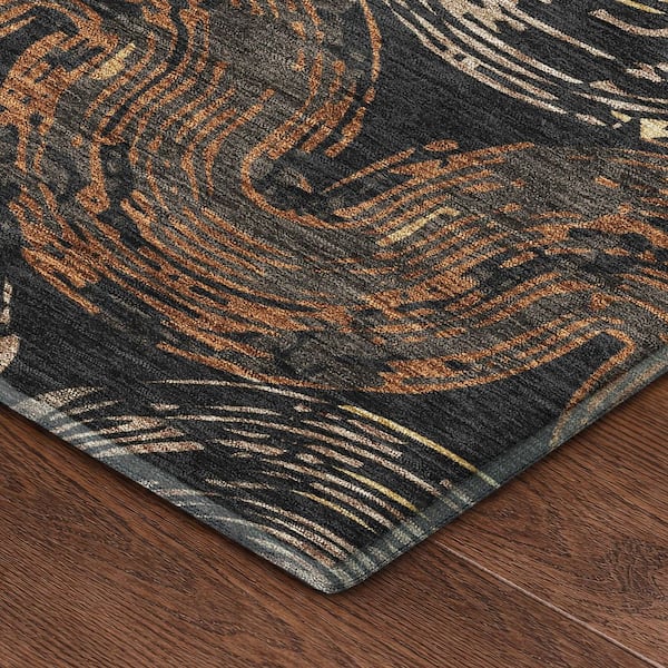 Mayfield Premium Machine Washable Abstract AMF2461 Black 8 ft. x 8 ft. Round Rug
