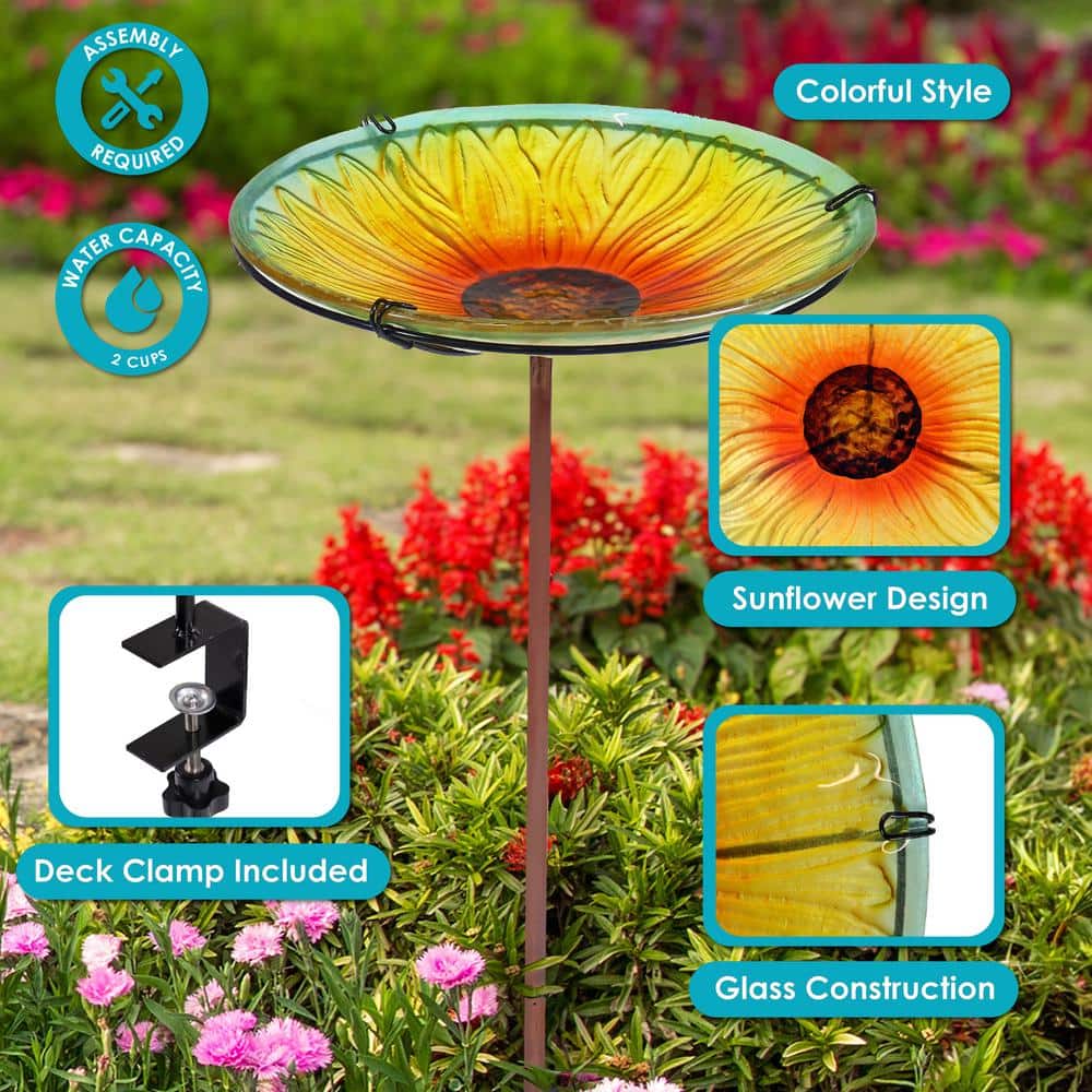 Blooming Sunflower Glass Bird Bath with Iron Stake and Clamp