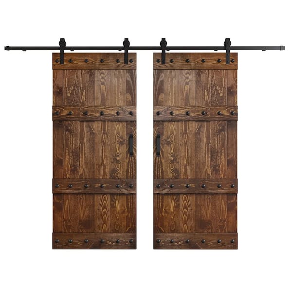 COAST SEQUOIA INC Castle Series 72 in. x 84 in. Dark Walnut DIY Knotty Wood Double Sliding Barn Door with Hardware Kit