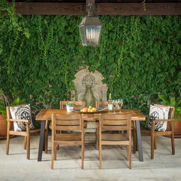 Veronica Teak Brown Finish 7-Piece Wood Rectangular Outdoor Patio Dining Set