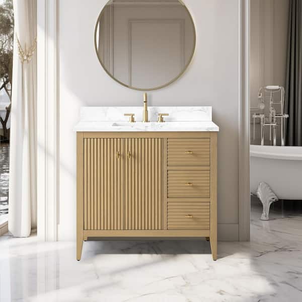 36 in. W x 22 in. D x 38 in. H Single Sink Bathroom Vanity Cabinet in Linear Natural Oak with Engineered Marble Top