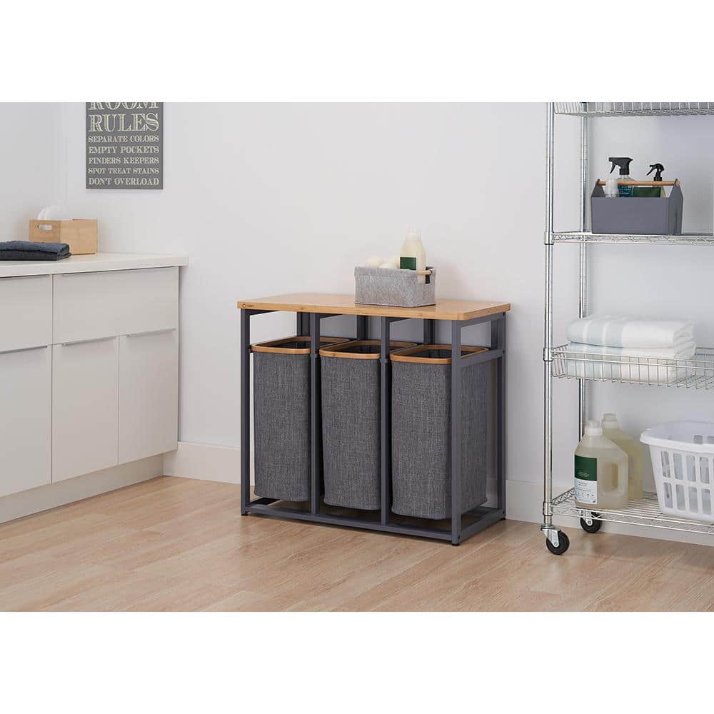 Dark Gray Bamboo Frame Collapsible Laundry Sorter