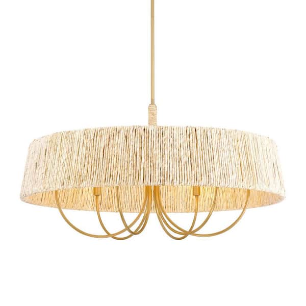 Hellia 60-Watt 6-Light Legacy Brass Drum Pendant Light with a Natural Abaca Rope Shade, No Bulbs Included