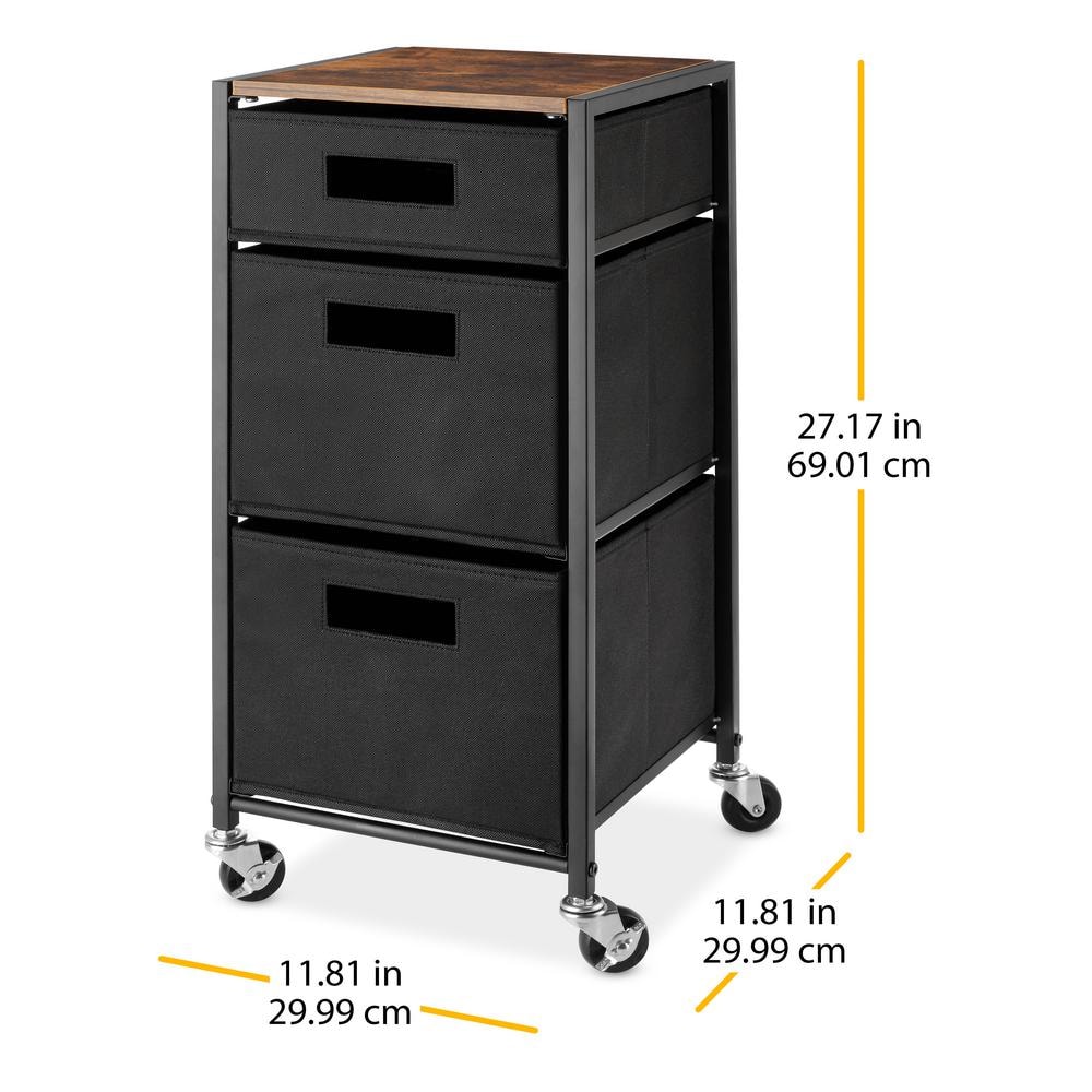 Whitmor Black and Brown Rolling 3-Drawer Storage Cart
