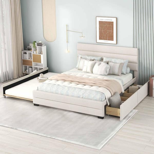 Beige Wood Frame Queen Size Platform Bed with Twin Size Trundle and (2-Drawers)