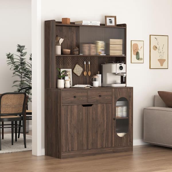 Large Capacity Display Cabinet with Reeded Glass Doors and Microwave Stand, Bakers Racks with Storage in Walnut
