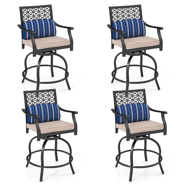 4-Piece Metal Patio Swivel Chairs Outdoor Bar Stools Height Chair Set with Cushions and Lumbar Pillows