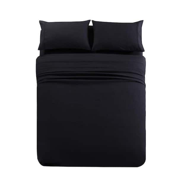 4 Piece Black Microfiber Queen Bed Sheet Set