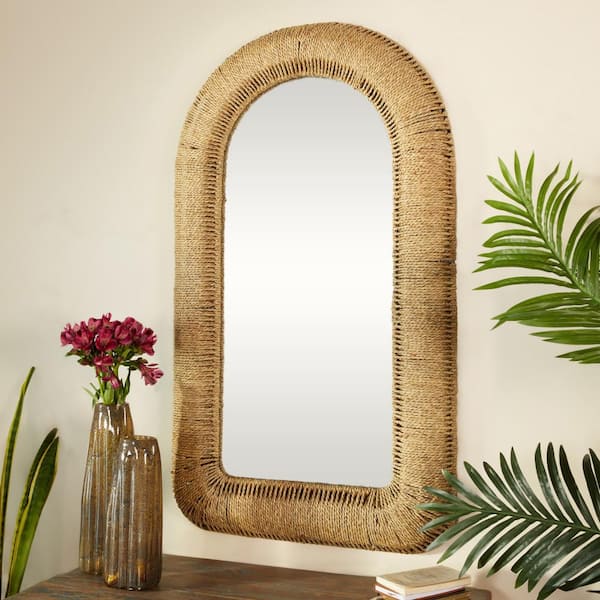 48 in. x 27 in. Woven Rectangle Framed Brown Wall Mirror with Arched Top