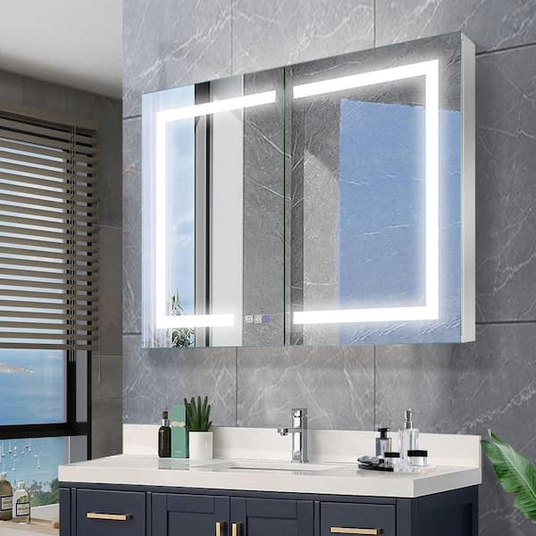AZDHOME 40 in. W x 30 in. H Silver Aluminum Rectangular Recessed/Surface Mount LED Medicine Cabinet with Mirror and Dimming