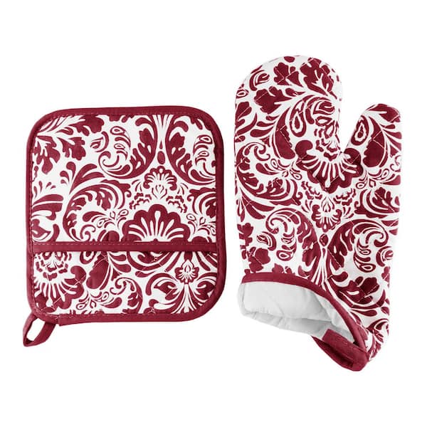 Lavish Home 69-12-BU Quilted & Heat Resistant Pot Holder Set with Silicone Grip, Burgundy - Set of 2