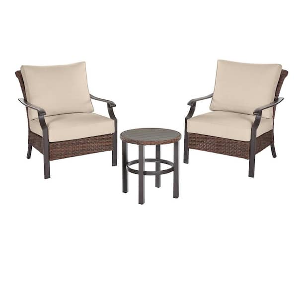 Hampton Bay Harper Creek 3 Piece Brown Steel Outdoor Patio Chair Set With Sunbrella Beige Tan Cushions H087 01574700 - Home Depot Patio Furniture Without Cushions