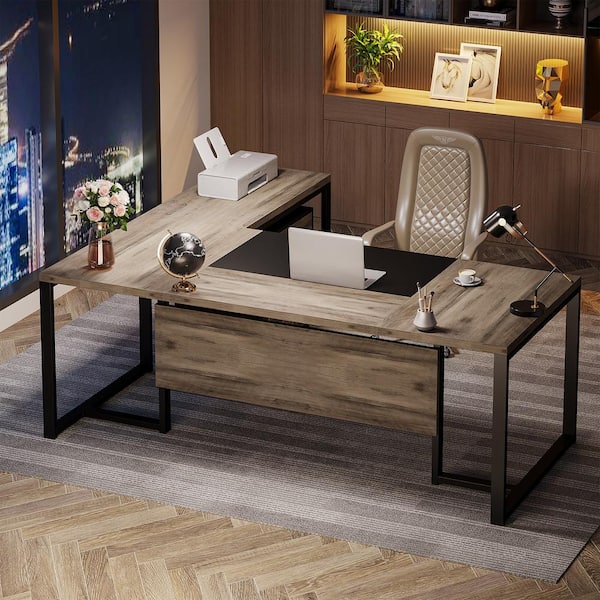 BYBLIGHT Capen 70.8 in. L Shaped Retro Gray Wood Executive Desk with File Cabinet L Shaped Computer Desk for Home Office