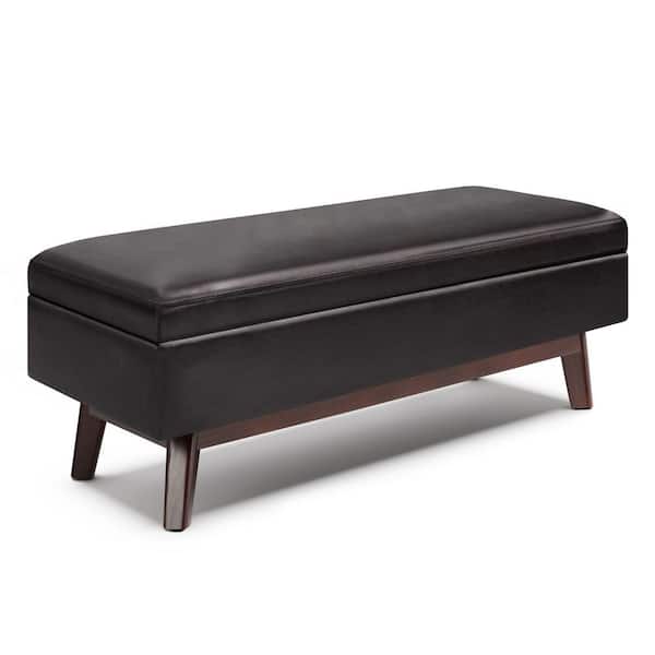 Simpli Home Owen 48 in. Mid Century Modern Rectangle Rectangular Storage Ottoman in Tanners Brown Vegan Faux Leather, Assembled