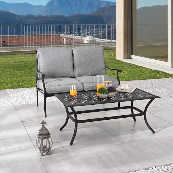 TOP HOME SPACE 2-Piece Metal Outdoor Loveseat with Grey Cushions