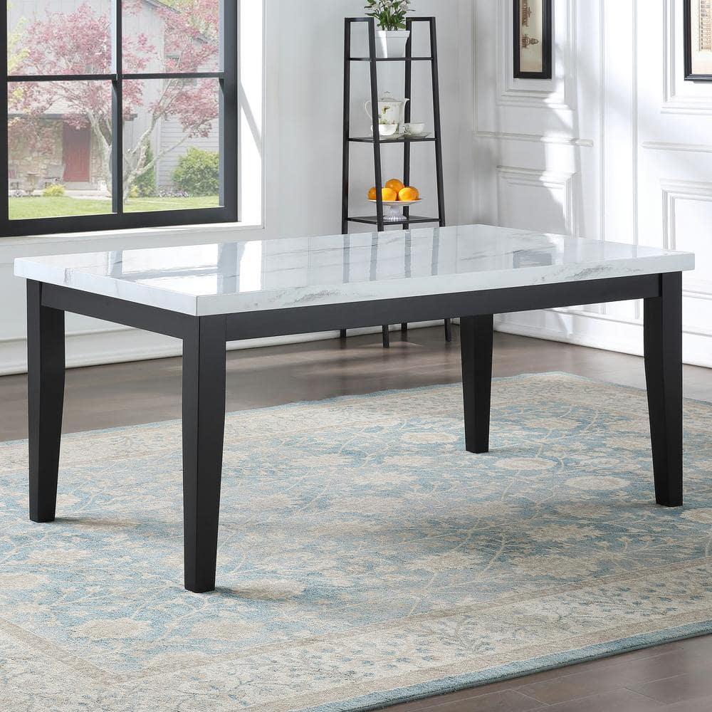 White Faux-Marble and Wood Rectangular Dining Table for Six