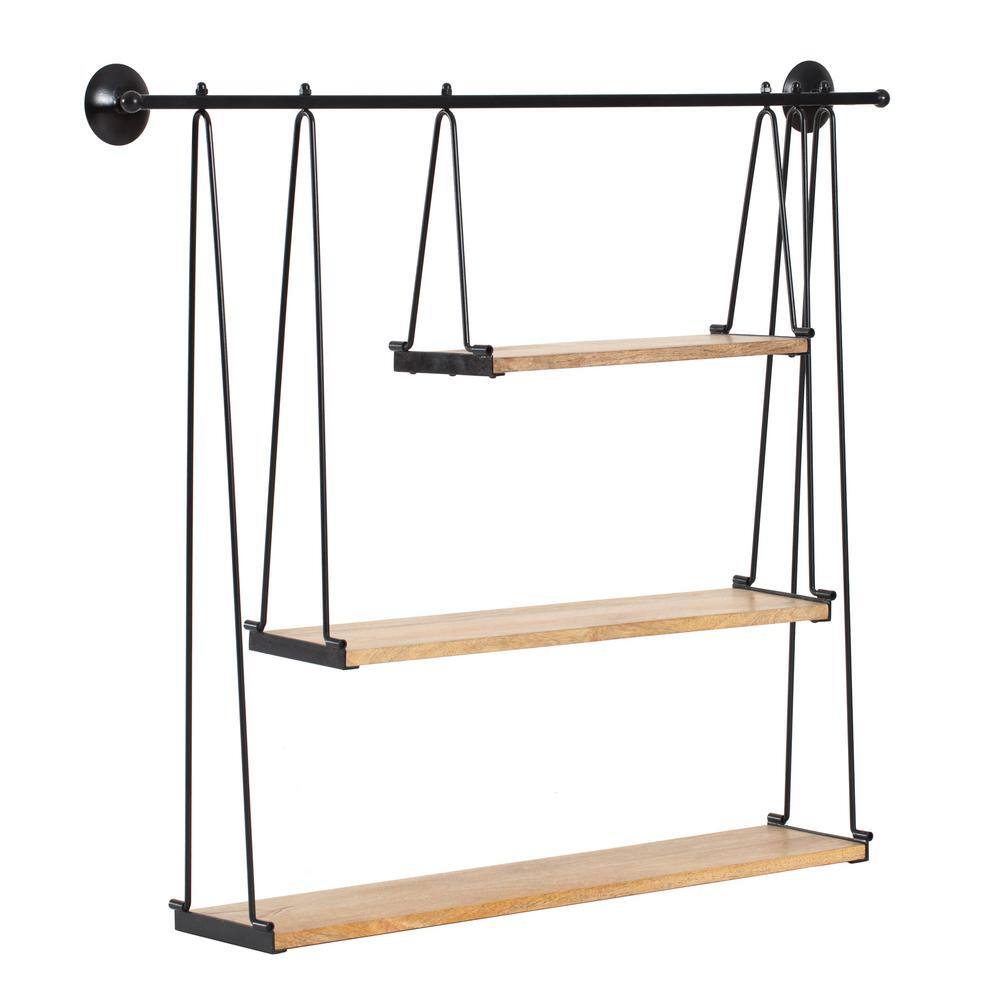 Sleek Scandinavian Black Iron & Wood 3-Tier Floating Shelf