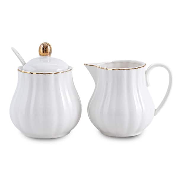 3-Piece Ceramic Sugar and Creamer Set with Spoon 10.1 oz. Sugar 7.6 oz. Creamer White Gold Trim Set, Unit