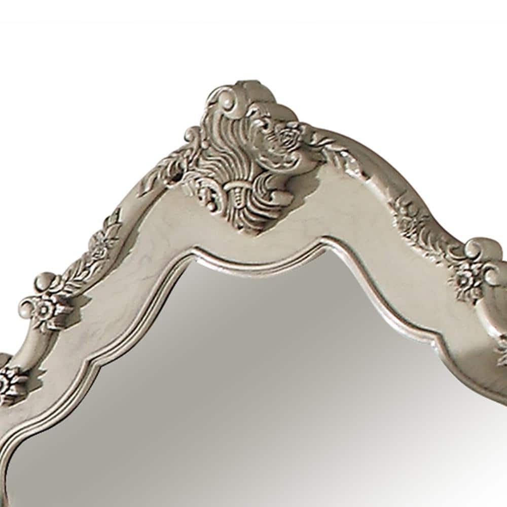 Antique White Ornate Wood Dresser Mirror with Beveled Edges