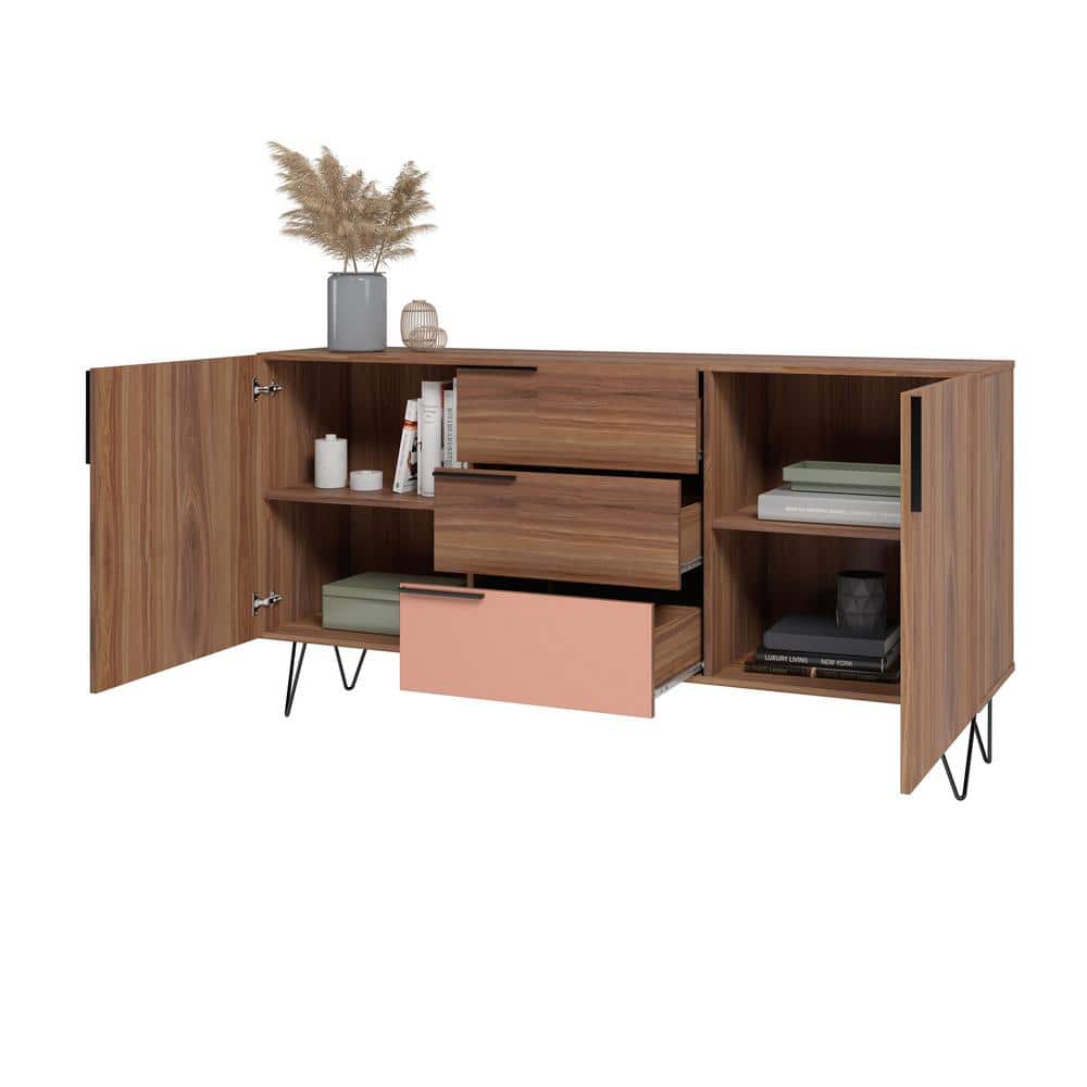 Beekman Mid-Century Mirrored Sideboard in Brown and Pink