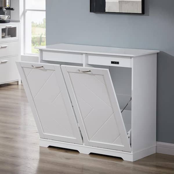 Kitchen Trash Bin Cabinet White MDF 14.96 in. Sideboard Dog Proof Garbage Can with 2 Wood Holders and Air Purification