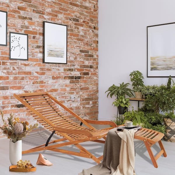 Karl home 67 in. Acacia Wood Patio Deck Chair with Footrest