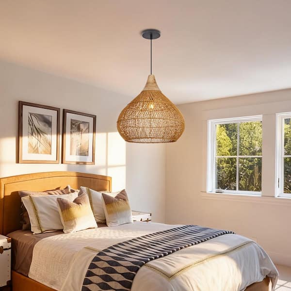 1 Light Natural Brown Hand-Woven Rattan Pendant Light with Pear Shape, No Bulbs Included 24 in.
