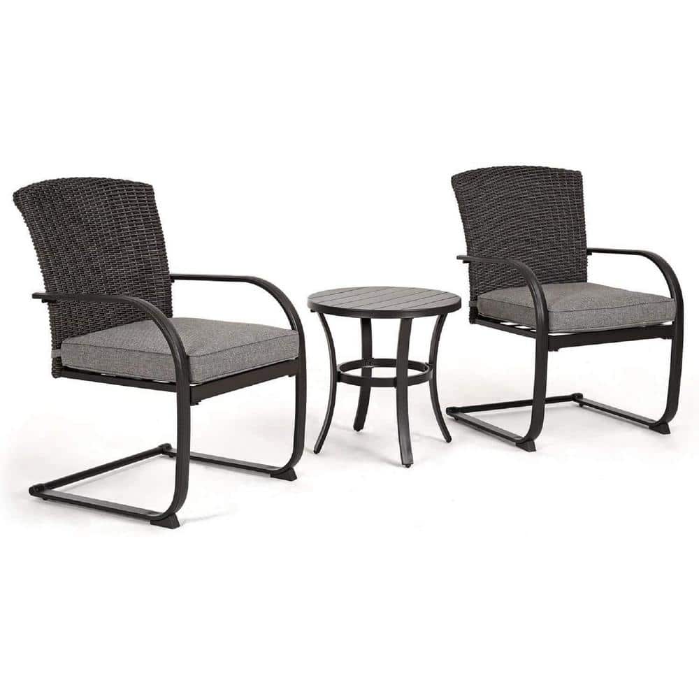 Black 3-Piece Wicker Outdoor Bistro Set with Gray Cushion