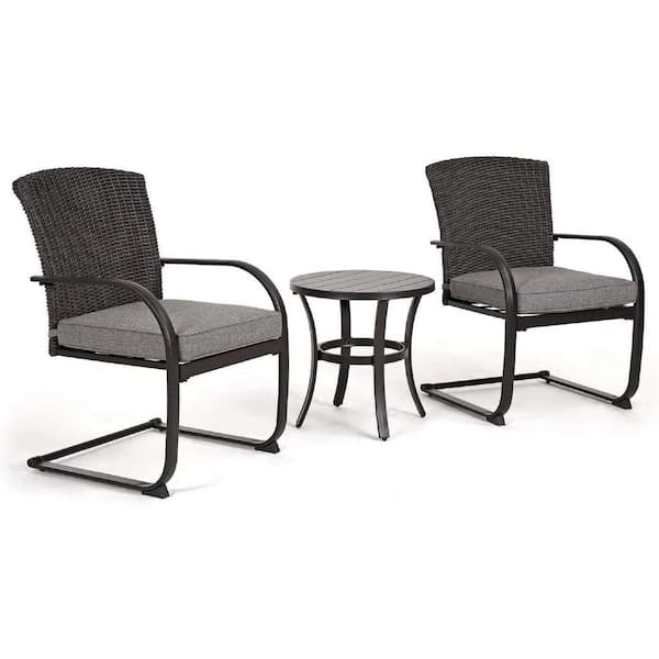 Unbranded Black 3-Piece Wicker Outdoor Bistro Set with Gray Cushion