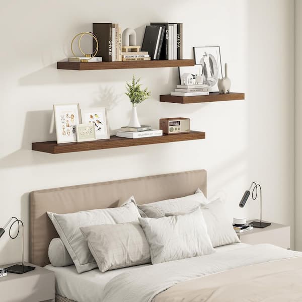 24 in. W x 12 in. D Walnut Wood Floating Shelves Set of 2, Decorative Wall Shelf for Bedroom Bathroom Kitchen