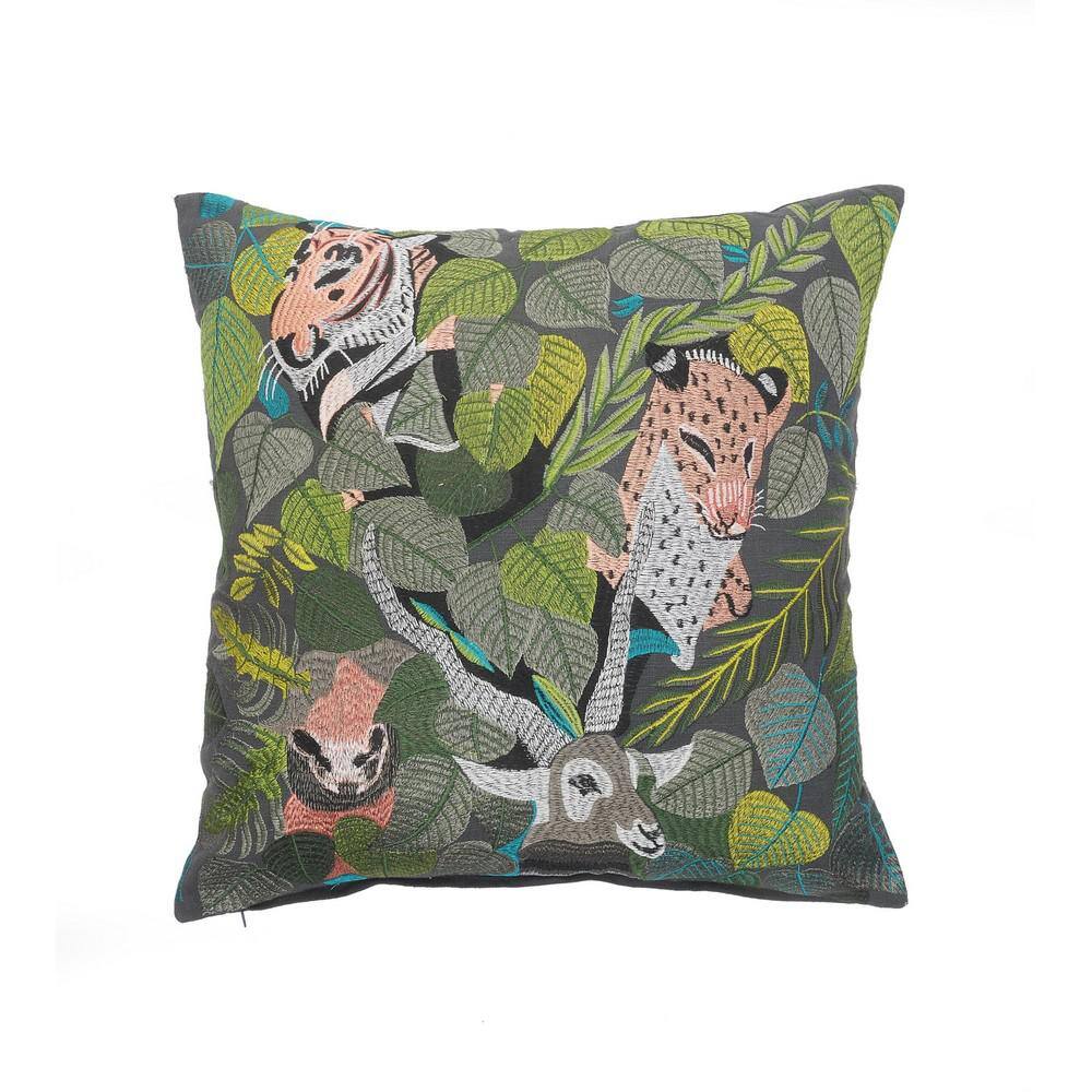 Jungle Scene Green and Multicolor Cotton Throw Pillow