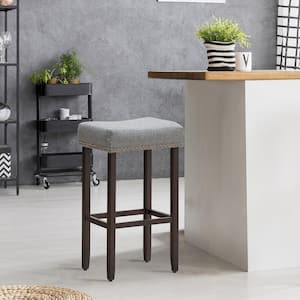 29 in. Gray Backless Nailhead Saddle Bar Stools Height with Fabric Seat and Wood Legs (Set of 4)