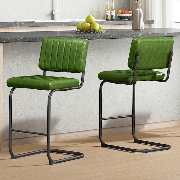 Art Leon Saisy 26.77 in. Seat Height Green Faux Leather Counter Stools with Metal Frame, (Set of 2)