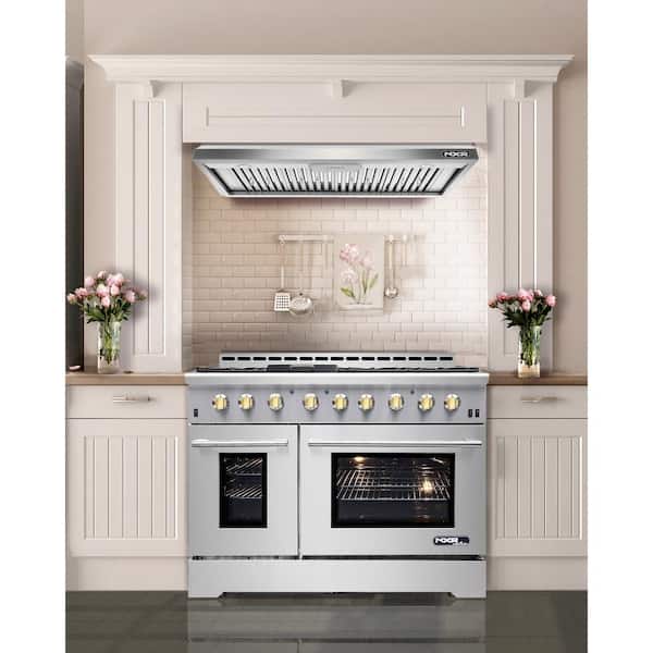 Entree Bundle 48 in. 7.2 cu. ft. Pro-Style Gas Range with Convection Oven and Range Hood in Stainless Steel and Gold