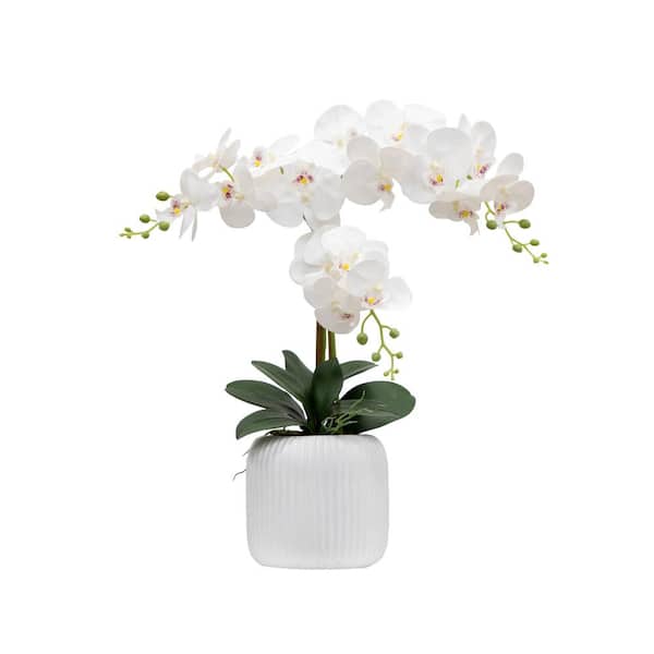 Nearly Natural 24 in. White Artificial Triple Stem Orchid Floral Arrangement in Pot