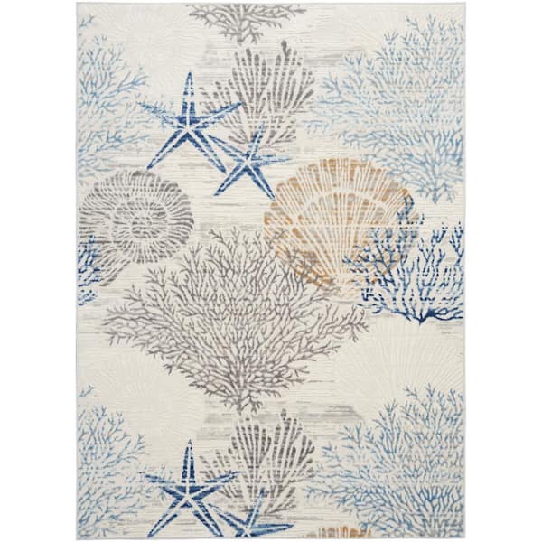Nourison Pompeii Ivory Grey Blue 6 ft. x 9 ft. Floral Abstract Coastal Contemporary Area Rug
