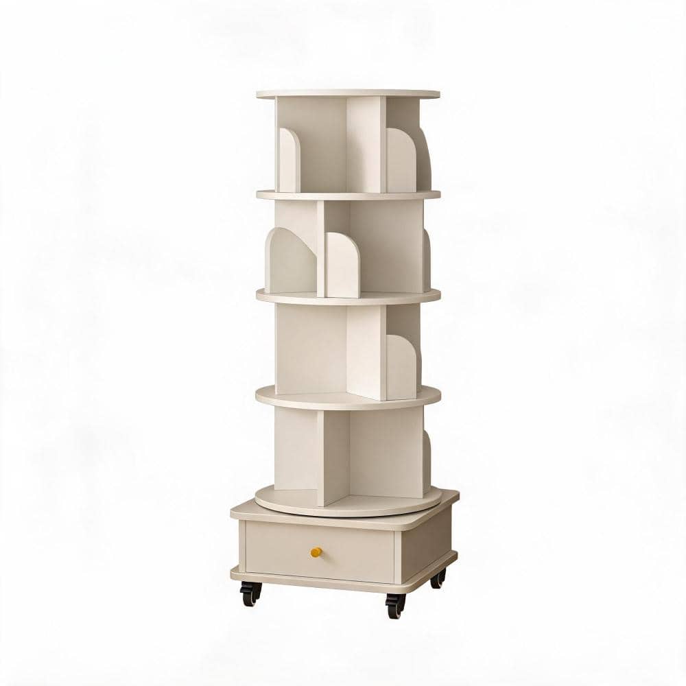 55.91 in. Tall Warm White MDF 4-Shelf Rotating Bookcase with Drawer, 360° Spinning Bookshelf on Wheels for Living Room price history on PriceWatchPro