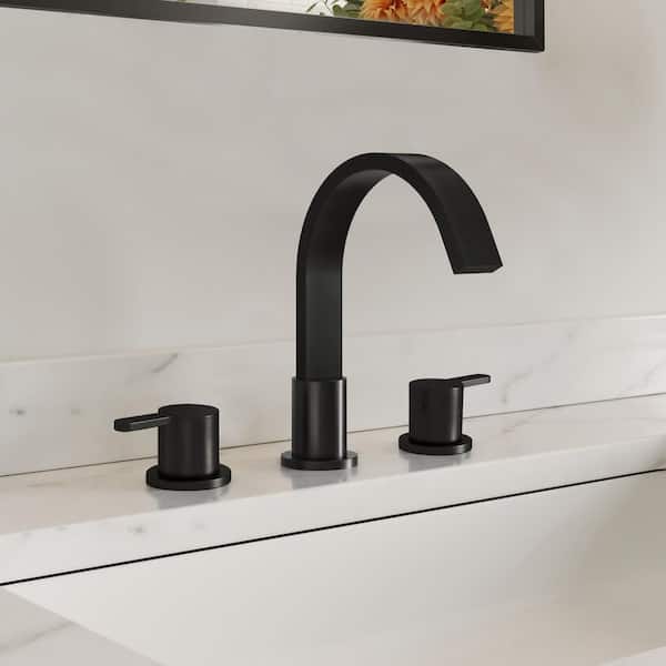 EVERSTEIN 3-Hole Waterfall 8 in. Widespread Double Handle High-Arc Bathroom Sink Faucet in Spot Resist Matte Black Drain Included