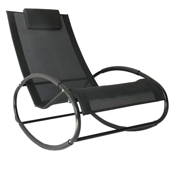 Black Outdoor Rocking Lounge Chair for Sunbathing, Pool, Beach, Porch with Pillow & Cool Mesh