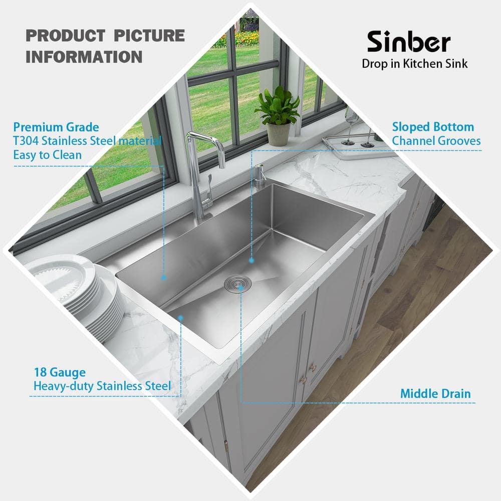 Sinber 33" Stainless Steel Drop-In Single Bowl Kitchen Sink