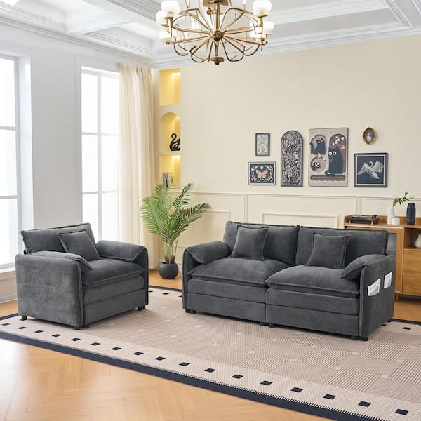 Bianca Modern 3-Piece Grey Upholstered Chenille Living Room Set Loveseat and Armchair Set with 3 Pillows