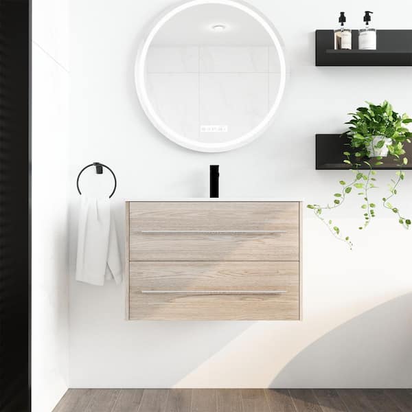 FUNKOL 30 in. W Modern Style Wall Mounted Bathroom Vanity with White Sink in Wooden
