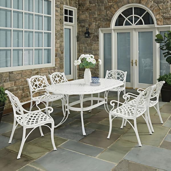 Homestyles Sanibel White 7 Piece Cast, White Cast Aluminum Patio Chairs